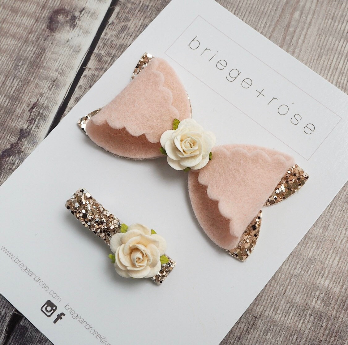 Girls rose hair clip pink hairclip set gold glitter bow Etsy
