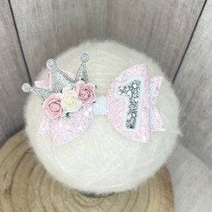 Pink birthday hair bow, pink glitter hairbow, silver headband, number bow, personalised bow, girl birthday bow, flower hair slide, crown bow image 4