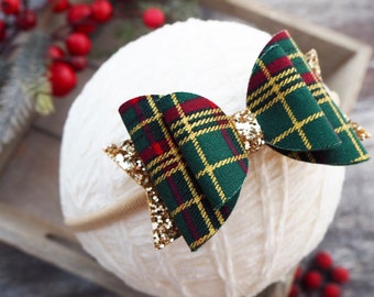 green tartan bow, festive hair bow, christmas bows, tartan headband, gold hair bows, baby headband, baby 1st christmas, gold glitter bow