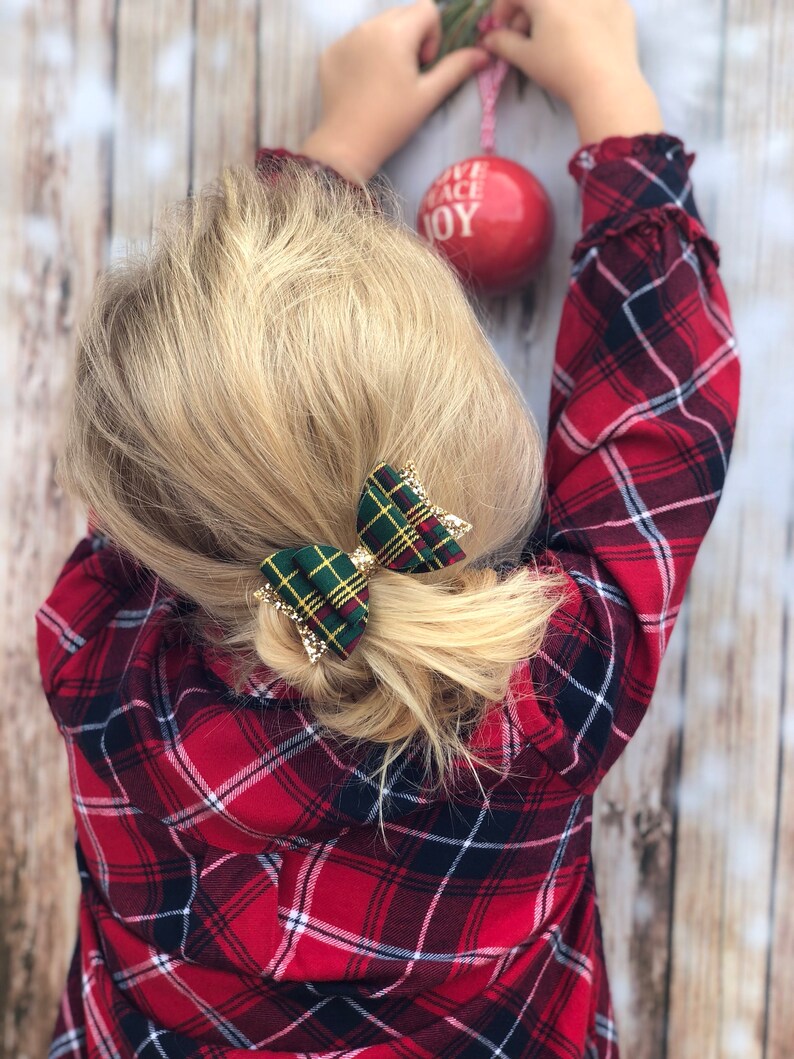 green tartan bow, festive hair bow, christmas bows, tartan headband, gold hair bows, baby headband, baby 1st christmas, gold glitter bow image 10