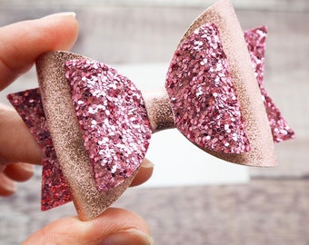 pink glitter hair bow, pink hair bow, baby/girls hair bow, pink leather bow, baby headband