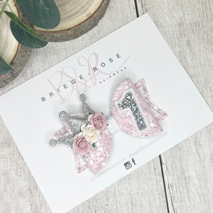 Pink birthday hair bow, pink glitter hairbow, silver headband, number bow, personalised bow, girl birthday bow, flower hair slide, crown bow image 5