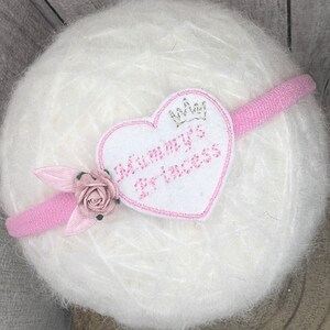 mummy loves me headband, happy mothers day hairband, mothers day hairbow, stretch baby band, pink hairbow, floral headband, newborn babygirl