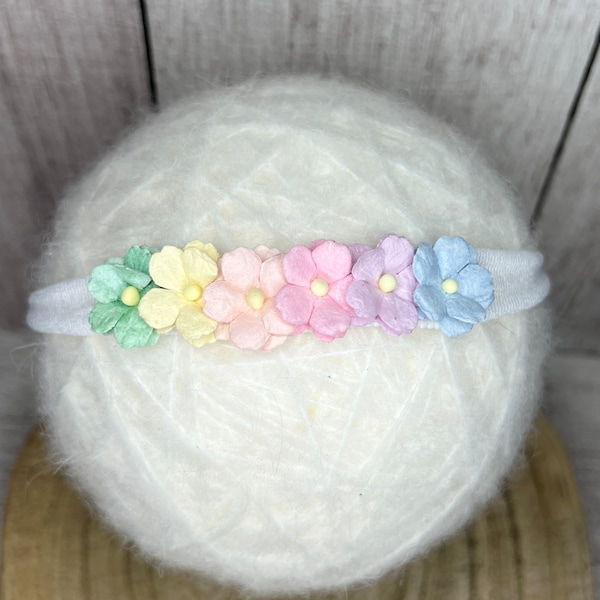 flower headband, rainbow baby, pastel flower headband, rainbow headband, floral hair band, baby tie back, newborn headband, photo shoot prop