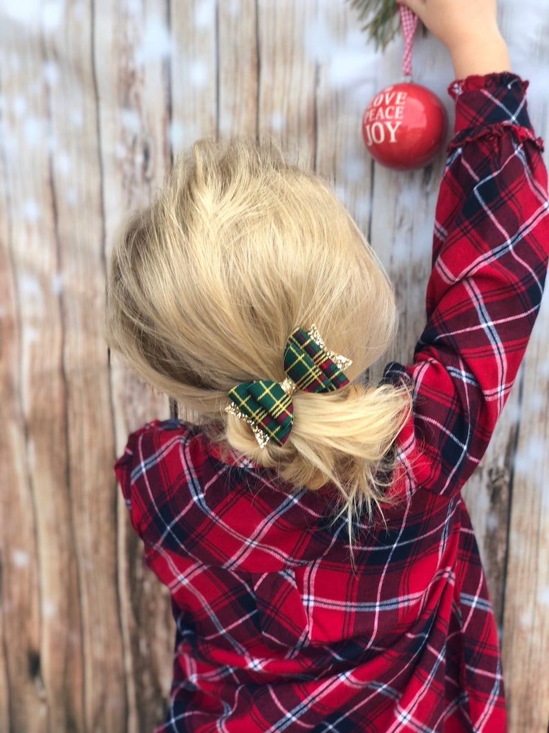 green tartan bow, festive hair bow, christmas bows, tartan headband, gold hair bows, baby headband, baby 1st christmas, gold glitter bow image 2