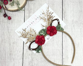 reindeer headband, christmas hairband, doe band, red flower crown, floral head band, photo shoot prop, flower hair accessories