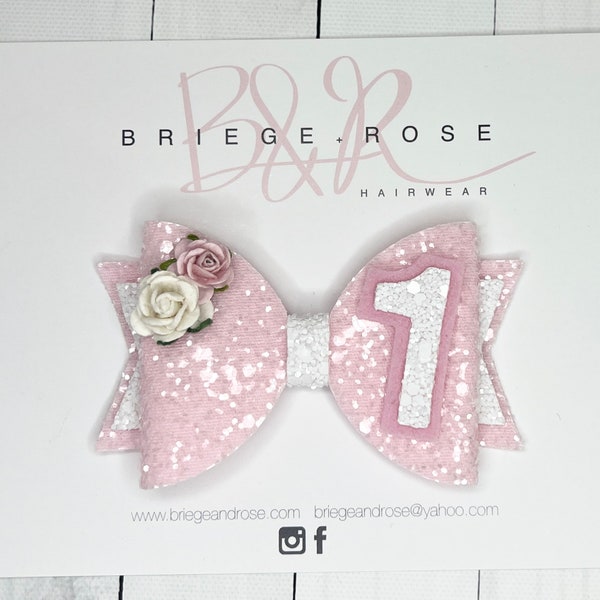 birthday bow, 1st birthday, baby first birthday, girls hairbow, pink glitter bow, baby girl gift, white glitter headband, birthday party bow