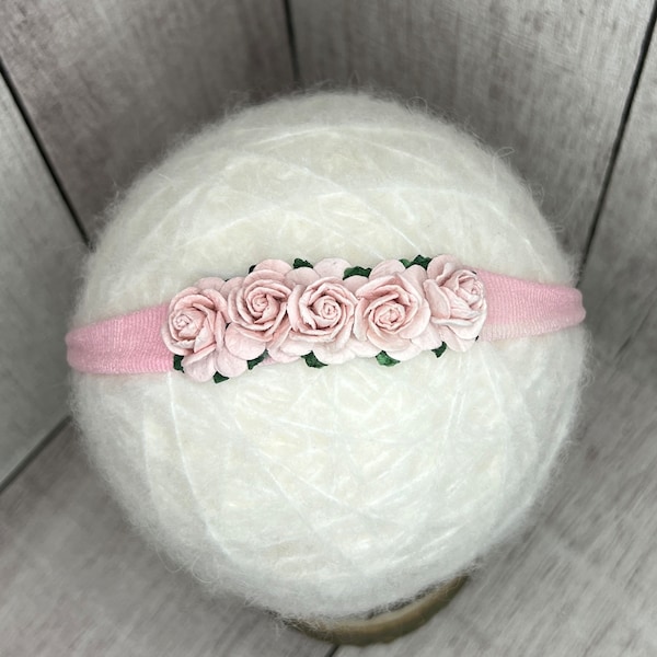 pink flower headband, floral hair band, pink tie back, flower girl crown, newborn photo shoot prop, pink rose hair accessories, baby girl