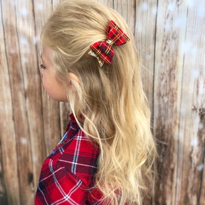 Red tartan hair bow, tartan headband, gold glitter bow, christmas headband, tartan hair accessories, photo prop bow, girls hair bow, red bow image 4