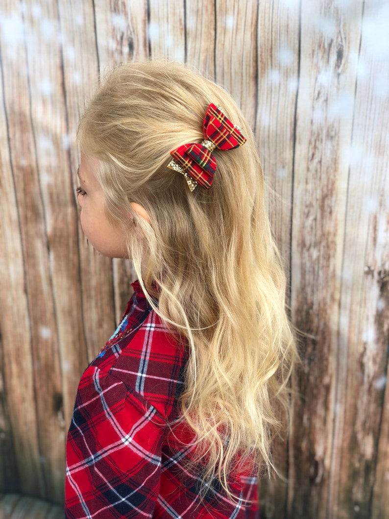 Red tartan hair bow, tartan headband, gold glitter bow, christmas headband, tartan hair accessories, photo prop bow, girls hair bow, red bow image 4