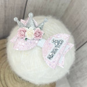 Pink birthday hair bow, pink glitter hairbow, silver headband, number bow, personalised bow, girl birthday bow, flower hair slide, crown bow image 2