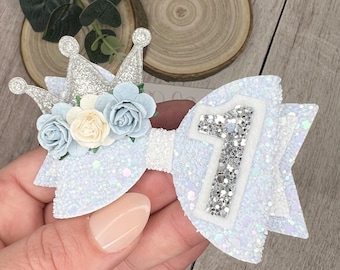 Blue birthday hair bow, blue glitter hairbow, silver headband, number bow, personalised bow, girl birthday bow, flower hair slide, crown bow
