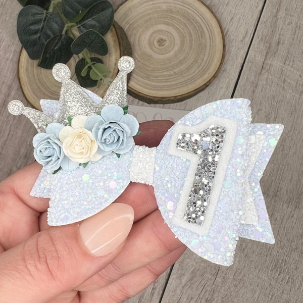 Blue birthday hair bow, blue glitter hairbow, silver headband, number bow, personalised bow, girl birthday bow, flower hair slide, crown bow