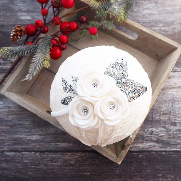 christmas headband, newborn headband, silver bow, white hair bow, silver flower bow, white flower headband, felt hair bow, silver glitter