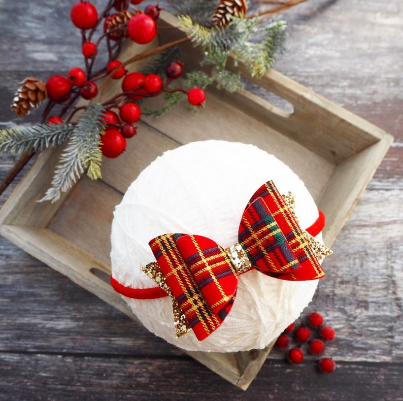 Red tartan hair bow, tartan headband, gold glitter bow, christmas headband, tartan hair accessories, photo prop bow, girls hair bow, red bow image 5