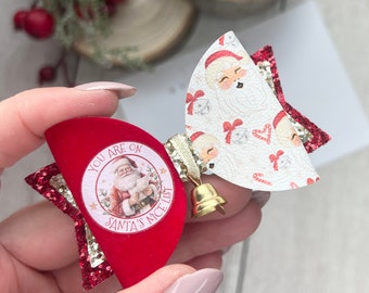 Santa hair bow, Father Christmas, Christmas headband, Santa nice list, red hairbow, gold glitter hair clip, Santa bell bow, on the nice list