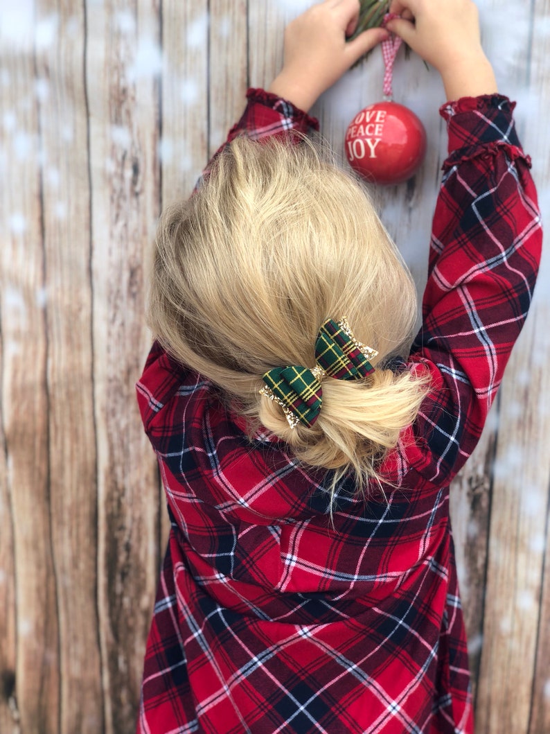 green tartan bow, festive hair bow, christmas bows, tartan headband, gold hair bows, baby headband, baby 1st christmas, gold glitter bow image 4