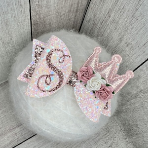 birthday bow, 1st birthday, personalised bow, rose gold glitter, crown headband, floral hair clip, flower hair slide, pink glitter bow