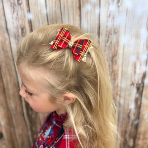 Red tartan hair bow, tartan headband, gold glitter bow, christmas headband, tartan hair accessories, photo prop bow, girls hair bow, red bow image 6
