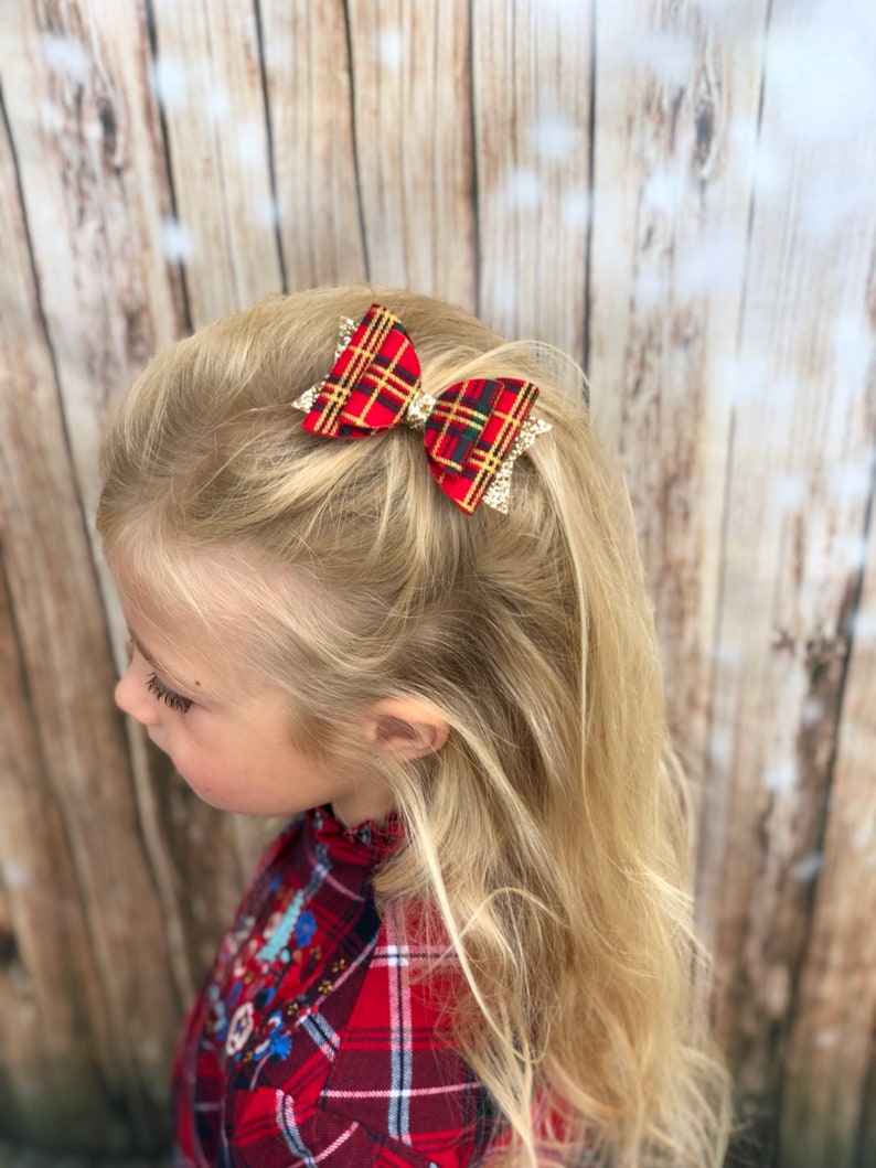 Red tartan hair bow, tartan headband, gold glitter bow, christmas headband, tartan hair accessories, photo prop bow, girls hair bow, red bow image 6