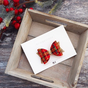 Red tartan hair bow, tartan headband, gold glitter bow, christmas headband, tartan hair accessories, photo prop bow, girls hair bow, red bow image 3