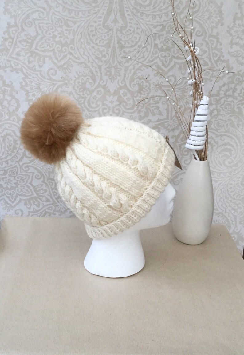 Hand Knit Cable Hat With Faux Fur Pom Pom Ready to Ship Etsy