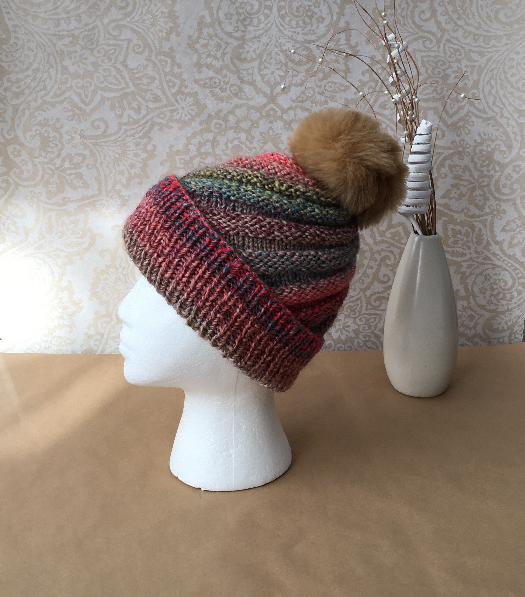 Hand Knit Beanie with Faux Fur Pom Ribbed Stitch Beanie Winter Hat