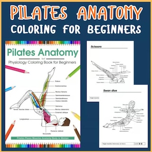 May include: A Pilates anatomy coloring book for beginners. The cover features the title and a detailed illustration of the human anatomy with labeled muscles. The image also includes two pages with Pilates poses and labeled muscles, along with colored pencils.