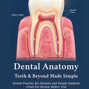 May include: A medical illustration of a cross-section of a human tooth showing internal structures, gums, and roots. The text reads: Dental Anatomy, Teeth & Beyond Made Simple, Dental Practice for Dentists and Dental Students, Great For Review Before Test, Teddy Moore.
