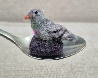 Miniature Needle Felted Pigeon on Felted Rock: Bird Ornament