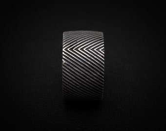 Oxidized Sterling Silver Ring: Wide Band with Diagonal Ridges