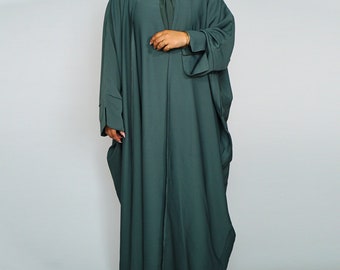Deep Teal Open Abaya: Modern Batwing Style with Matching Hijab & Slip