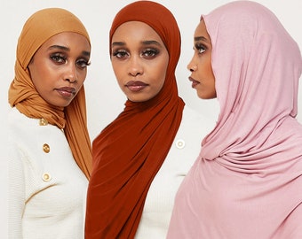 Jersey Hijab Gift Set: Stretch Shawl, Turban Wrap - Mauve, Spice, Caramel