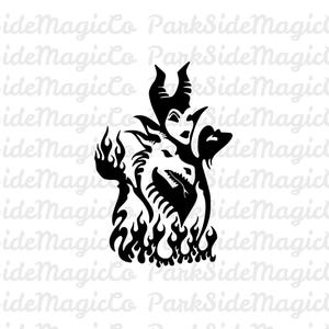 May include: Black and white silhouette of Maleficent from Disney's Sleeping Beauty, with her dragon form and flames.