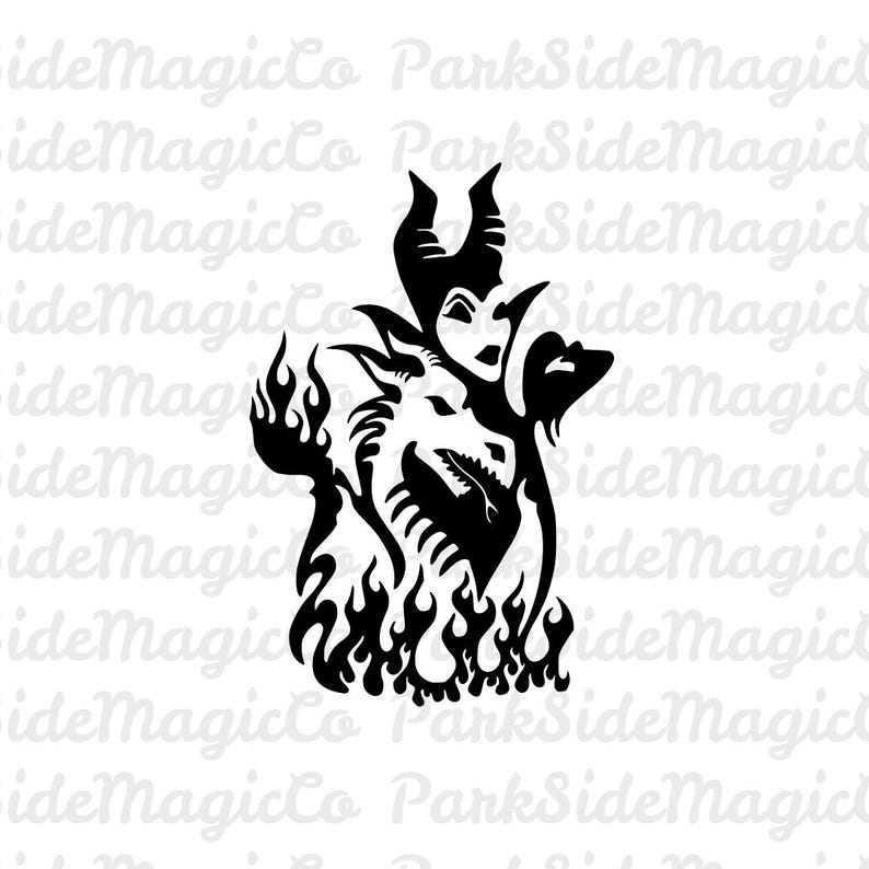 May include: Black and white silhouette of Maleficent from Disney's Sleeping Beauty, with her dragon form and flames.