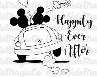ディズニーウェディングSVG - 幸せいっぱいの車PNG、ミッキーの花嫁花婿クリップアート、新婚ハネムーンSVG、ディズニーカップルのクリカットファイル、デジタル