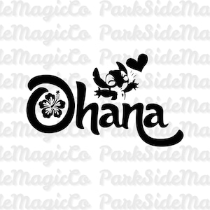 May include: Black graphic design featuring the word "Ohana" with a hibiscus flower and a cartoon character holding a heart. The design is in a bold, rounded font, suitable for stickers, decals, or clothing.