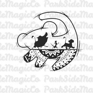 May include: Black and white graphic of a lion's head with the silhouettes of Pumbaa, Timon, and Simba running across the bottom. The design has tribal patterns and the text "LeMagicCo ParkSideMa" repeated in the background.
