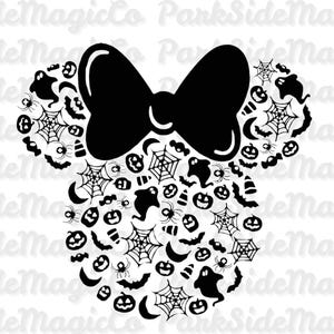May include: Black and white Halloween-themed design featuring a bow and a silhouette of a mouse head filled with spooky icons. Includes bats, spiders, spiderwebs, ghosts, pumpkins, and crescent moons.