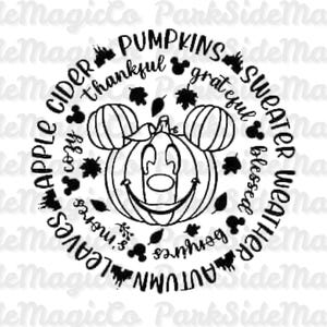 Puede incluir: Gráfico circular en blanco y negro con texto temático de otoño y un diseño de calabaza. La calabaza tiene orejas de Mickey Mouse y una cara sonriente. El texto incluye palabras como "calabazas", "clima de suéter" y "otoño".