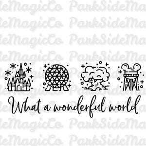 Ícones dos parques da Disney SVG Que Mundo Maravilhoso PNG, Design de Camiseta de Férias da Disney, Magic Kingdom Epcot Hollywood Studios Animal Kingdom Clipart