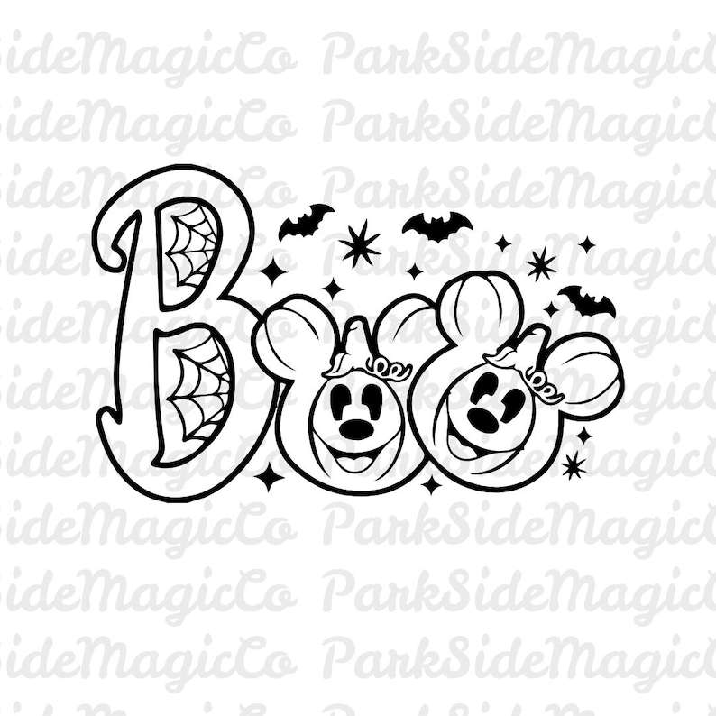 May include: Black and white illustration of Mickey Mouse and Minnie Mouse dressed as pumpkins for Halloween. The text "Boo" is written in a decorative font with a spiderweb design.