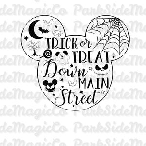 Doces ou Travessuras na Rua Principal SVG | Cabeça do Mickey de Halloween PNG | Arquivo de Corte para Festa de Halloween da Disney | Clipart do Rato Assustador