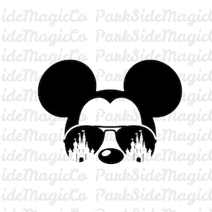May include: Black and white silhouette of Mickey Mouse wearing sunglasses with a reflection of a castle in each lens.