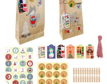 Adventskalender 2022 zum selber Befüllen & selbst Basteln, DIY Weihnachtskalender, Set 24 x Papierkrafttüten, Hangtag, Klammern, Aufkleber