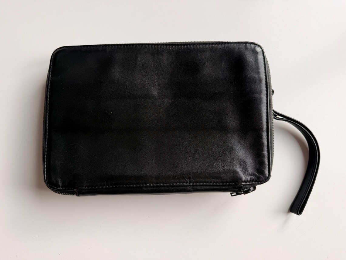 Vintage Black Leather Organizer Clutch | Travel Wallet Wristlet, Minimalist Unisex Organizer, foto 3 di 5