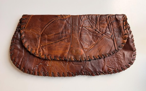 Vintage 70s Brown Leather Patchwork Clutch | Hand-Stitched Boho Purse