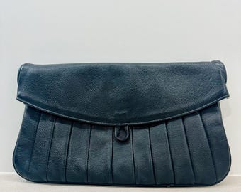 Vintage Black Leather Pleated Clutch | Soft Genuine Evening Bag, 80s Minimalist Foldover Purse