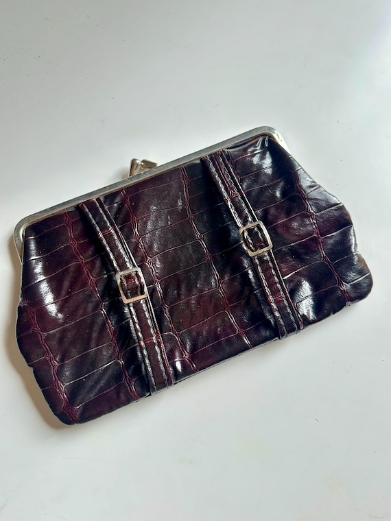 Vintage Oxblood Croc Embossed Leather Clutch | Burgundy Frame Evening Bag