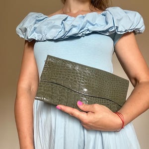 Vintage Grayish-Green Leather Clutch
